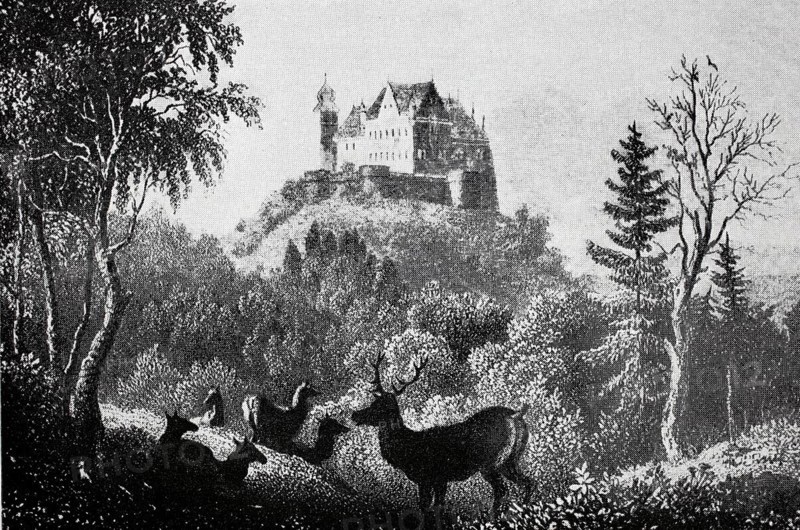 Callenberg Castle in the district of Coburg in the Middle Ages, Upper Franconia, Bavaria, Germany, digitally enhanced reproduction of a 19th century original, historical, exact date unknown