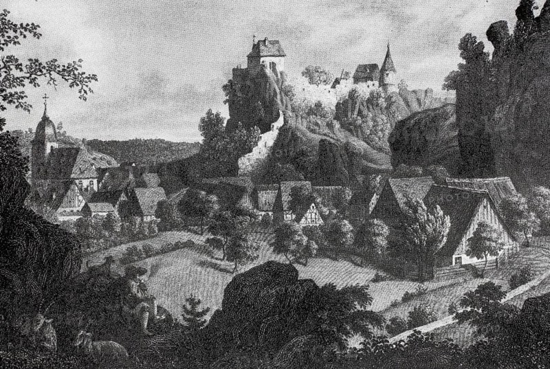 Betzenstein Castle, high medieval hilltop castle in the Middle Ages, Bayreuth district, Upper Franconia, Bavaria, Germany, digitally enhanced reproduction of a 19th century original, historical, exact date unknown