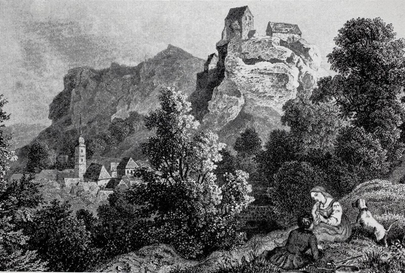 Pottenstein Castle in Franconian Switzerland in the Middle Ages, Bayreuth district, Upper Franconia, Bavaria, Germany, digitally enhanced reproduction of a 19th century original, historical, exact date unknown