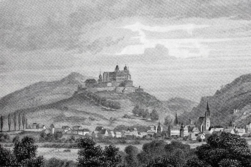 Plassenburg Castle and the town of Kulmbach in the Middle Ages, Upper Franconia, Bavaria, Germany, digitally enhanced reproduction of a 19th century original, historical, exact date unknown