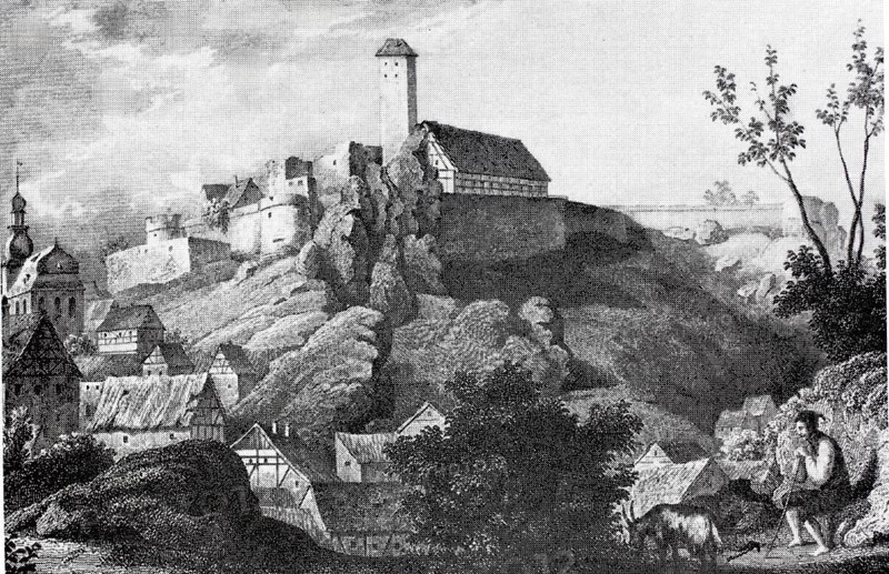 Veldenstein Castle near Neuhaus an der Pegnitz in the Middle Ages, NÃ¼rnberger Land, Middle Franconia, Bavaria, Germany, digitally enhanced reproduction of a 19th century original, historical, exact date unknown