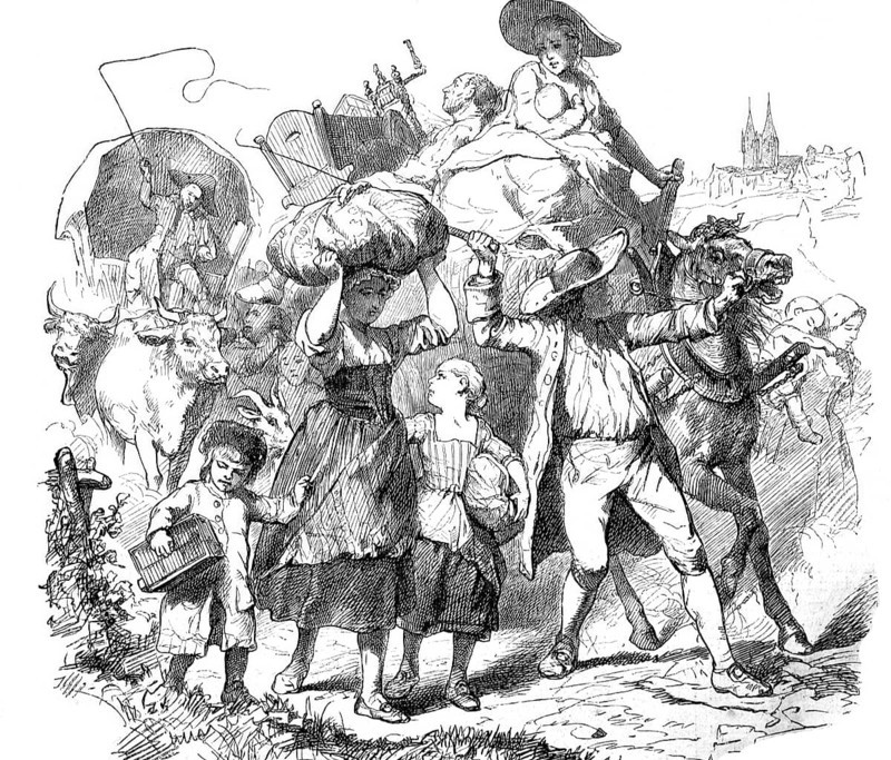 The refugees, family leaves with bag and baggage a city in which they are not wanted, Historical, Reproduction of a model with a scene from the 19th century