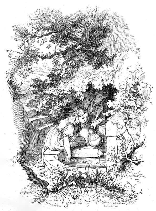 Young couple with a water jug at a watering hole, Hermann and Dorothea at the well, after an epic in nine songs by Johann Wolfgang von Goethe, historical, reproduction from a 19th century model with a scene from the 19th century