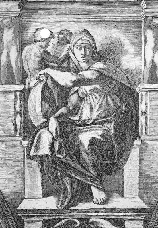 The Sibyl of Delphi, a legendary prophetess who is said to have prophesied in Delphi, by Michelangelo, Historical, Reproduction of a model with a scene from the 19th century