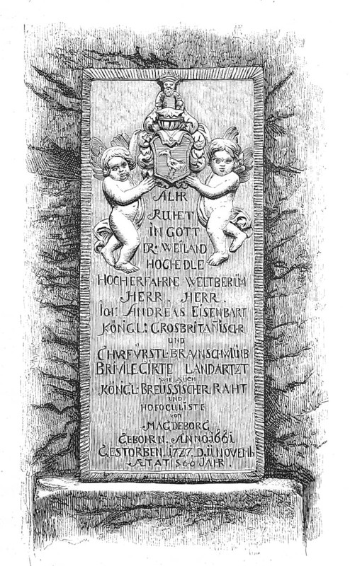 The tomb of Dr Eisenbart at the Aegidienkirche in Hann. MÃ¼nden, Johann Andreas Eisenbarth, Eisenbart, Eysenbart, Eysenparth born probably on 27 March 1663, died 11 November 1727, was a German craftsman surgeon who achieved great fame throughout the country through his healing successes as a travelling surgeon, especially as a stone and fracture cutter and ophthalmologist as a cataract engraver, Historical, reproduction from a model with a scene from the 19th century