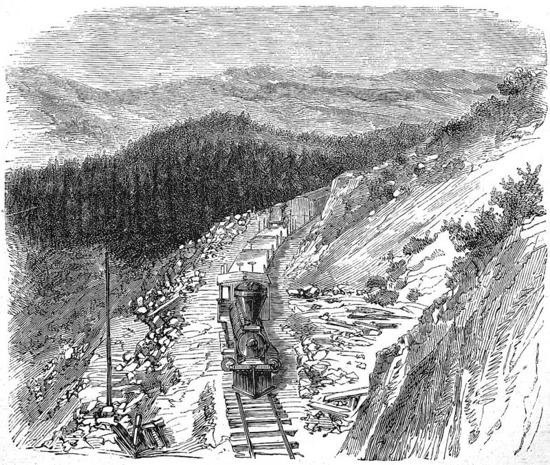 The Pacific Railway in America, Historical, Reproduction from a model with a scene from the 19th century