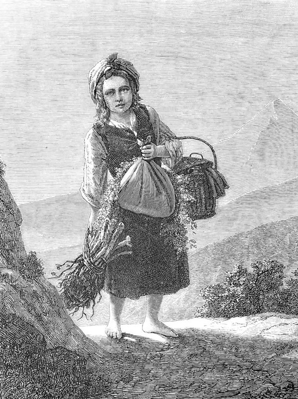 Girl on her way home from collecting wood and fruit in the forest, Historical, Reproduction of a model with a scene from the 19th century