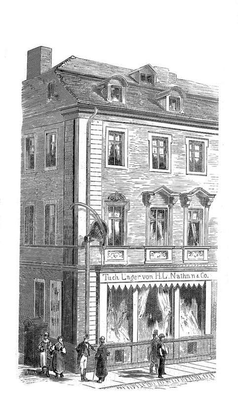 Haus mit der Rippe, historical building in Berlin on the corner of Molkenmarkt and Bollengasse. The house got its nickname because a large bone, more precisely a shoulder blade and a rib, which is said to have come from a giant, are attached to its faÃ§ade, Germany, Historical, Reproduction from a 19th century model with a scene from the 19th century