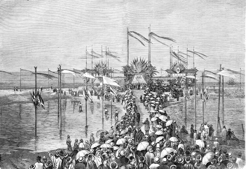 Prayer of thanksgiving of all denominations on the shore of Lake Menzaleh, in the north-east of Egypt in the Nile Delta near Port Said, Historical, Reproduction from a model with a scene from the 19th century