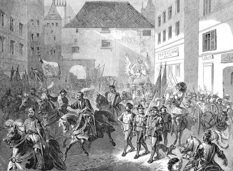 Escalade de Geneve, L'Escalade or Fete de l'Escalade is an annual festival to commemorate the successful defence of the city of Geneva against Charles Emmanuel of Savoy on the night of 21 December 1602 to 22 December 1602, here the event in 1869, historical, reproduction from a model with a scene from the 19th century