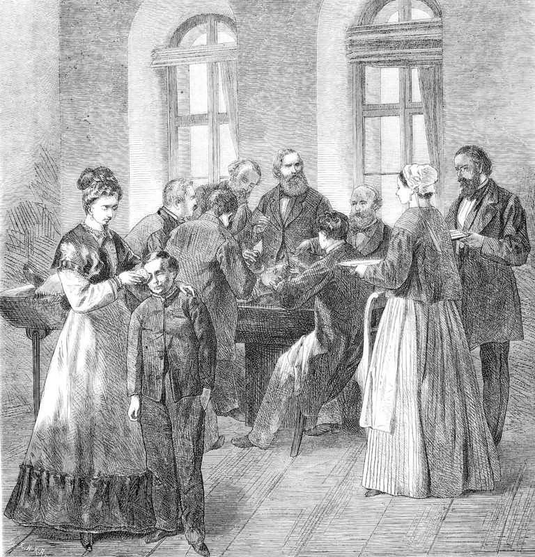 Friedrich Wilhelm Ernst Albrecht von Graefe (22 May 1828 - 20 July 1870) was a German ophthalmologist, royal Prussian Privy Medical Councillor and full professor of ophthalmology, which he reformed, at the Friedrich Wilhelm University of Berlin, Historical, Reproduction of a 19th century scene