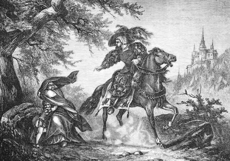 The legend of the stag guilder, Schalksburgsage, horseman and a woman with child, in the background the Schalkburg (Hirschberg?), Germany, Historical, Reproduction from a 19th century model with a scene from the 19th century