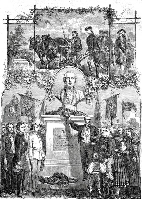 The celebration in honour of Emperor Joseph II, Monument in Slavikovice in Moravia, Slavikovice in the Czech Republic, Historical, Reproduction from an original with a scene from the 19th century