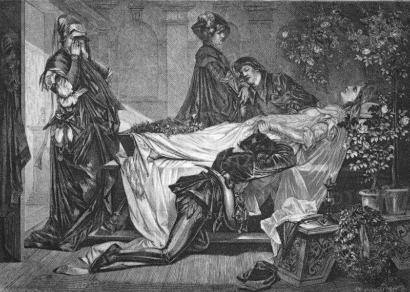 Young woman on her deathbed, being mourned by her family, 1869, Historic, Reproduction from a 19th century model with a scene from the 19th century