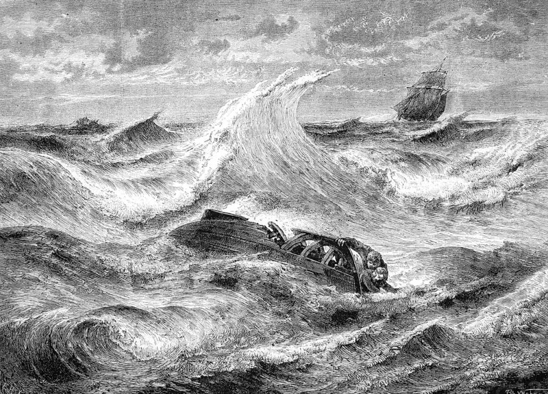 Illustration for the German fairy tale The Plague Ship, story by Wilhelm Hauff. After the shipwreck, Achmet and his servant Ibrahim are the only survivors to save themselves on this ship, historical, reproduction of a model with a scene from the 19th century