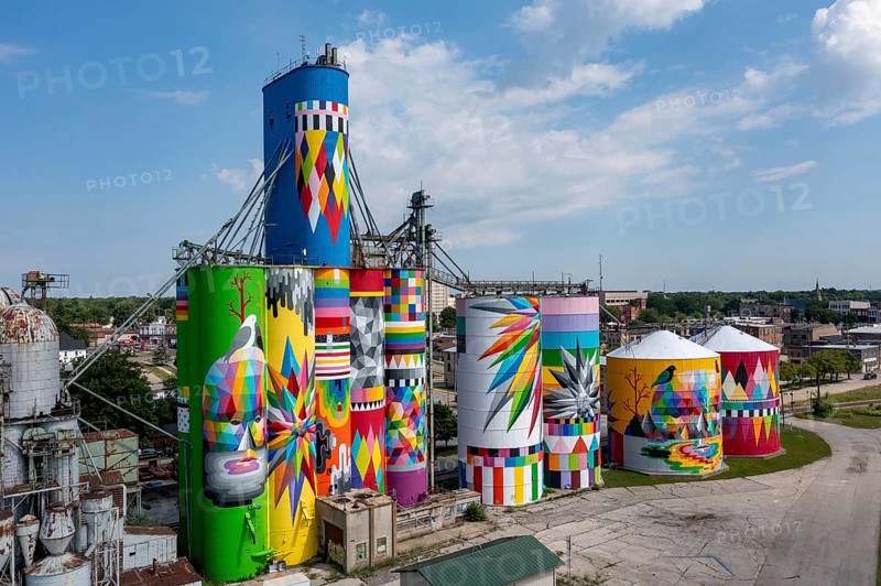 Saginaw, Michigan - The Shine Bright mural on abandoned grain elevators. The mural was created when the community raised $50, 000 to bring Spanish street artist Okuda San Miguel (OKUDA) to Saginaw