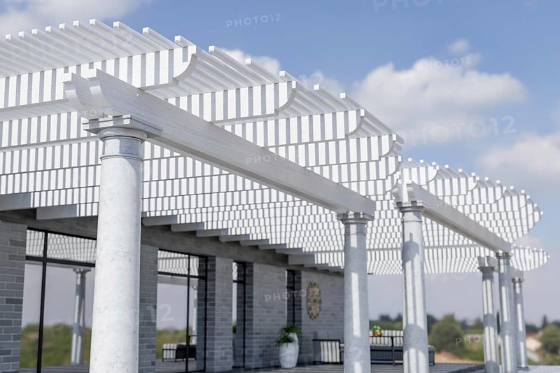 Detail of A beautiful marble and wood pergola patio cover