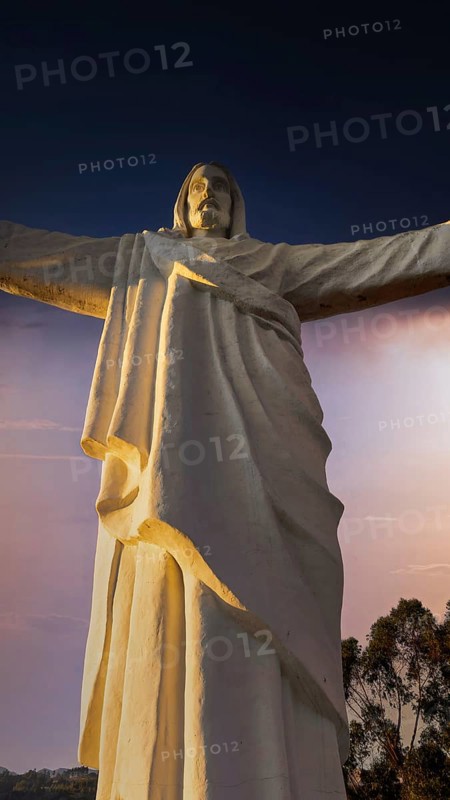 Peru. White Jesus Christ lookout, scenic panoramic view of Cusco from Christo Blanco viewpoint