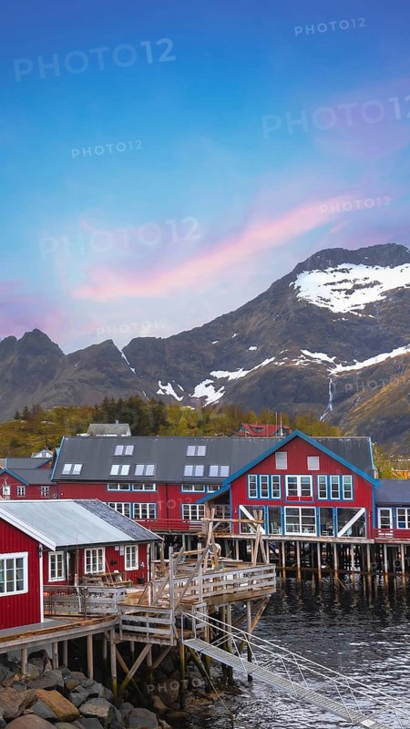 Scenic fishing village A in Lofoten Islands with authentic fishermen sheds and museum