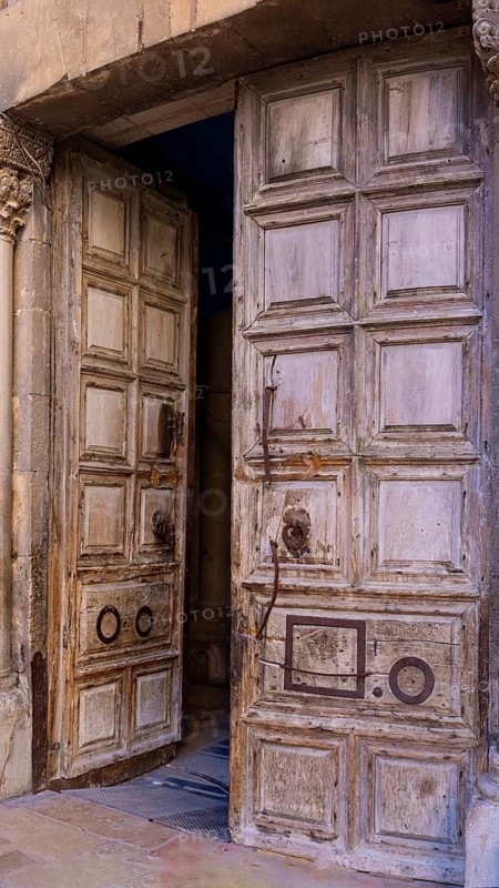 Israel, Jerusalem Old City, entrance to Holy Sepulchre church at Crusader Facade near Via Dolorosa