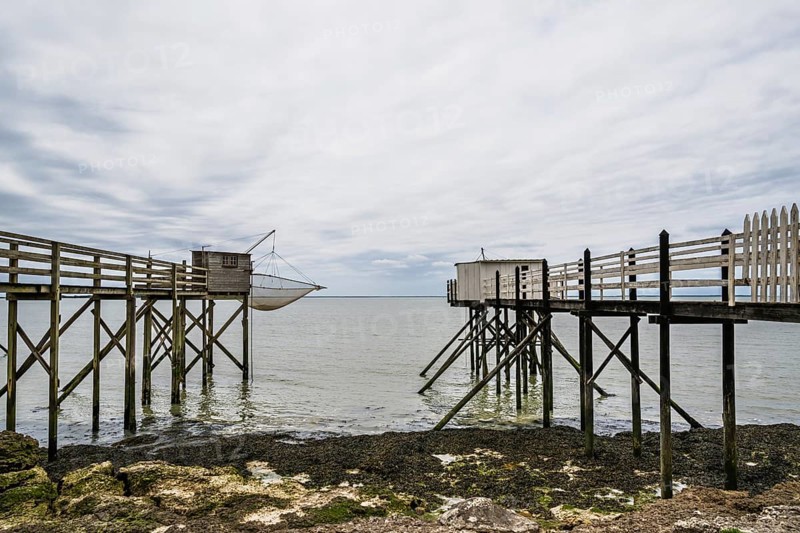 Fishing huts over Randonnee entre Histoire et Nature from a drone, Fouras, Fouras-les-Bains, Charente-Maritime, Nouvelle-Aquitaine, France