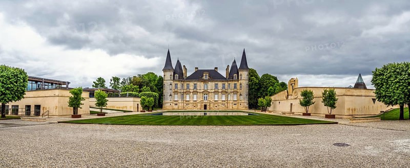 Panorama of Vineyard of Chateau Pichon Longueville Baron Vineyard and grape fields around Pauillac, Bordeaux, Gironde, Nouvelle-Aquitaine, France