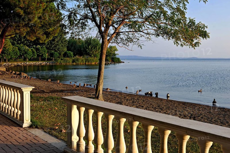 Lake promenade, balustrades, beach with ducks, Lake Bolsena, Lago di Bolsena, volcanic crater lake, calm smooth water surface, warm evening light, Bolsena, Province of Viterbo, Lazio, Italy