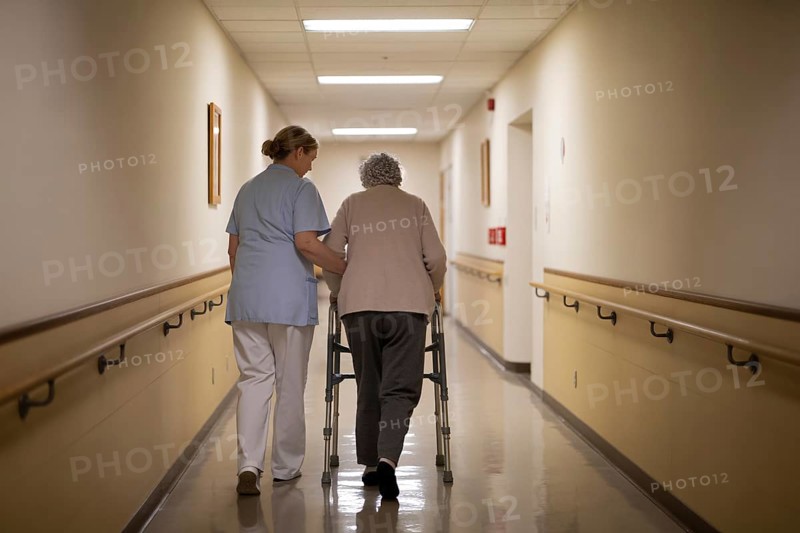 Back view of nurse helping older woman walk with walker in rehabilitation center hallway. Elder care and nursing support. Generative ai, AI generated