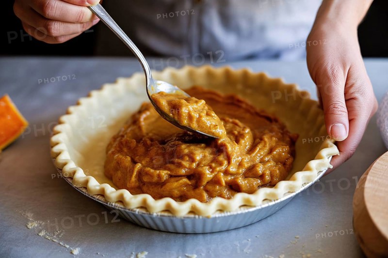 Hands filling homemade pumpkin pie crust with spoon in cozy kitchen scene. Generative AI, AI generated