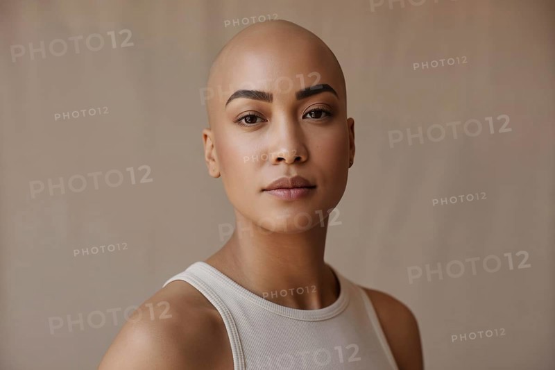 Confident young bald woman with stylish makeup posing in studio. Beauty, self-acceptance, and individuality. Generative ai, AI generated