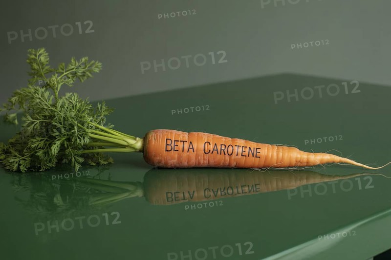 Orange carrot with beta carotene inscription on reflective green surface. Studio image highlighting freshness and nutrient content. Generative ai, AI generated