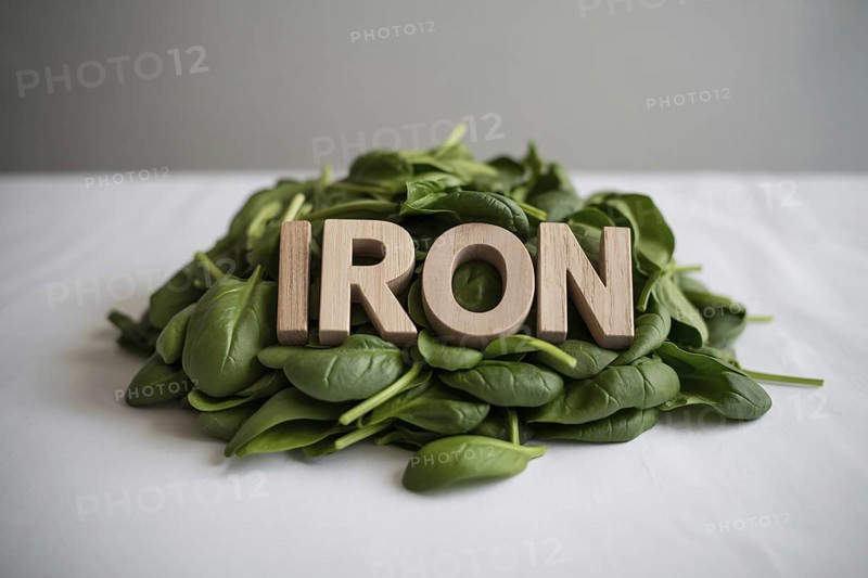 Fresh spinach leaves with wooden blocks spelling Iron. Clean studio image highlighting natural iron-rich greens. Generative ai, AI generated