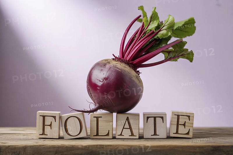 Beetroot with wooden blocks spelling Folate against a pastel violet studio background. Clean composition emphasizing natural nutrients. Generative ai, AI generated