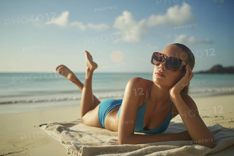 Woman relaxing on white sand beach wearing sunglasses and coral bikini under bright sun. Generative ai, AI generated