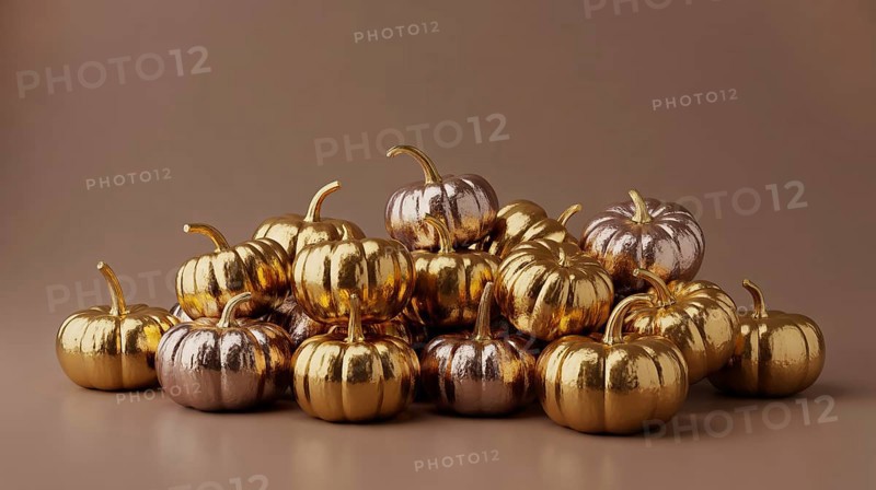 Metallic golden and copper pumpkins piled on brown background. Festive autumn harvest decoration banner. Generative ai, AI generated