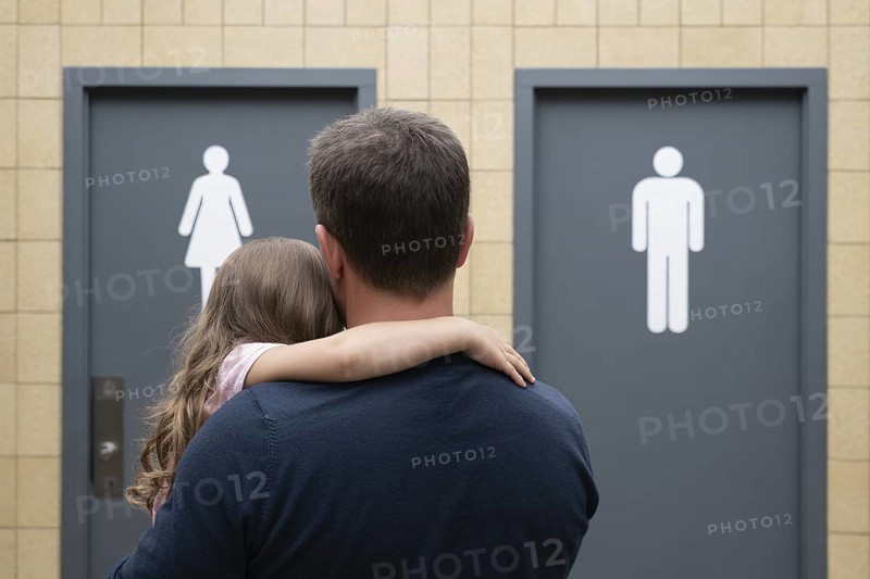 Father with young daughter in front of men's and women's restroom doors. Concept of gendered public toilet challenges for parents. Generative ai, AI generated