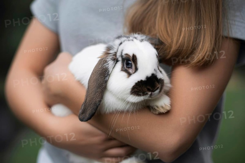 Woman holding lop-eared pet bunny in arms. Symbol of gentle pet companionship and animal care. Generative ai, AI generated