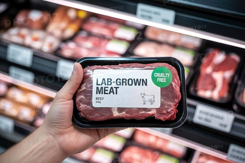 Close up of hand holding package of lab-grown beef meat in supermarket. Concept of cruelty-free advanced vegan alternative. Generative AI, AI generated