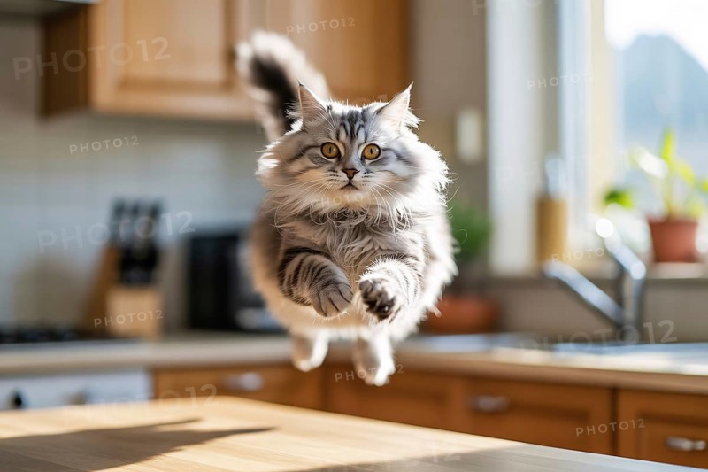 Luffy cat mid-air jumping over kitchen counter. Concept of playful energy and curiosity. Generative ai, AI generated