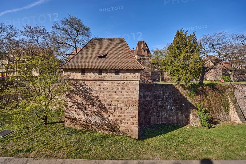 Old town, city fortification, city wall, tower, trees, lawn, blue sky, Frauentor wall, Frauentor moat, Nuremberg, Middle Franconia, independent city, Bavaria, Germany