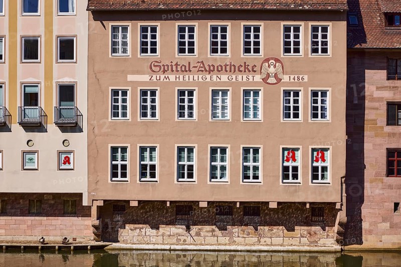 Spital-Apotheke, historical building, pharmacy, facade, window, sunny, Spitalgasse, Nuremberg, Middle Franconia, independent city, Bavaria, Germany