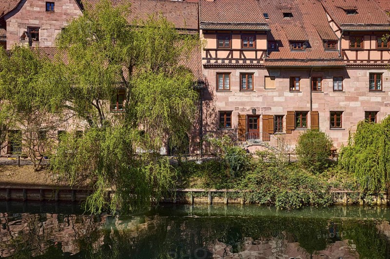 Old town, river Pegnitz, Babylon willow (Salix babylonica), historic buildings, roofs, red roof tiles, tree, reflections, water surface, Vordere Insel SchÃ¼tt, Nuremberg, Middle Franconia, independent city, Bavaria, Germany