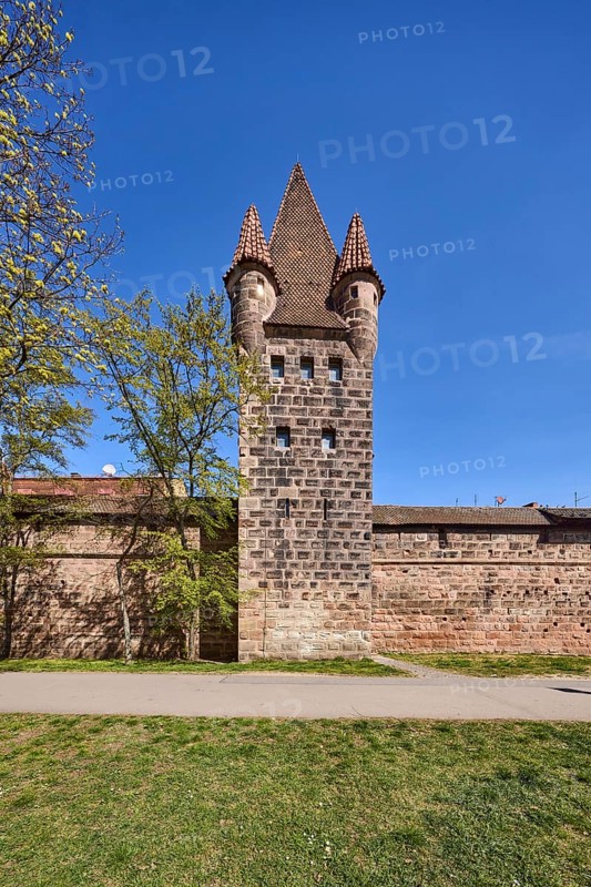 Old town, city fortification, city wall, defence defence tower, footpath, tree, lawn, blue sky, Frauentor wall, Spittlertorzwinger, Nuremberg, Middle Franconia, independent city, Bavaria, Germany