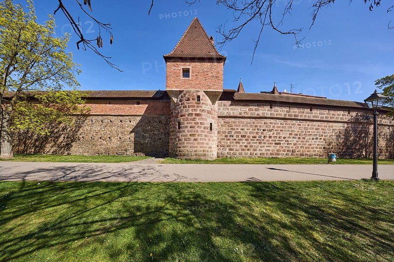 Old town, city fortification, city wall, defence defence tower, footpath, tree, lawn, lantern, blue sky, Frauentor wall, Spittlertorzwinger, Nuremberg, Middle Franconia, independent city, Bavaria, Germany