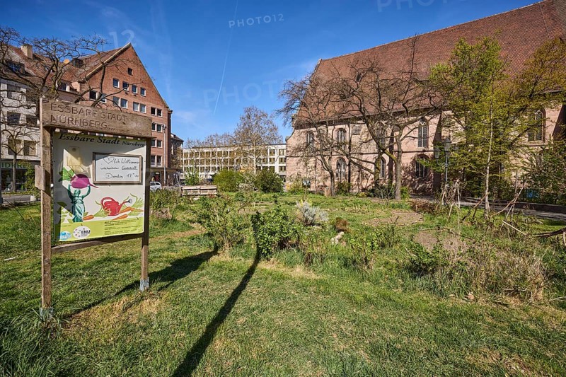 Edible city Jakobsplatz, city garden, gardens, trees, general architecture, St. Jakob, church, blue sky, Jakobsplatz, Nuremberg, Middle Franconia, independent city, Bavaria, Germany
