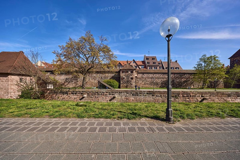 Lantern, pavement, old town, trees, meadow, city fortification, city wall, historic buildings, blue sky, cirrus clouds, cirrostratus clouds, Frauentor wall, Nuremberg, Middle Franconia, independent city, Bavaria, Germany