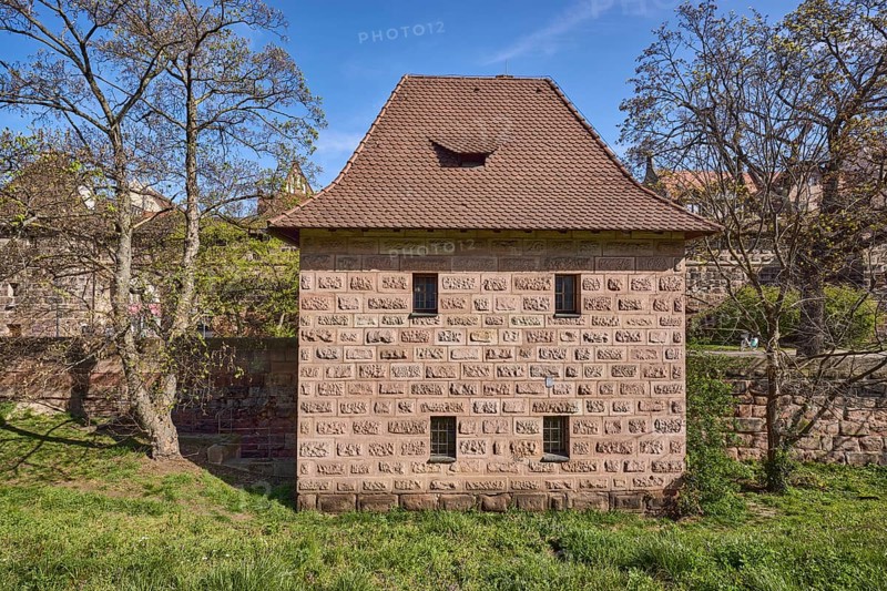 Old town, city fortification, defence defence tower, trees, meadow, blue sky, Frauentor wall, Nuremberg, Middle Franconia, independent city, Bavaria, Germany