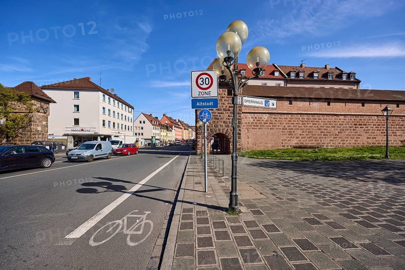 City fortification, city wall, zone 30 sign, additional sign old town, lantern, road marking cycle path, general architecture, blue sky, cirrus clouds, cirrostratus clouds, FÃ¤rbertor, FÃ¤rbertorstraÃŸe, Nuremberg, Middle Franconia, independent city, Bavaria, Germany