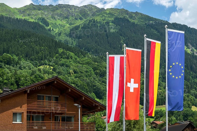 National flags Austria, Switzerland, Germany and Europe, Schruns, Austria