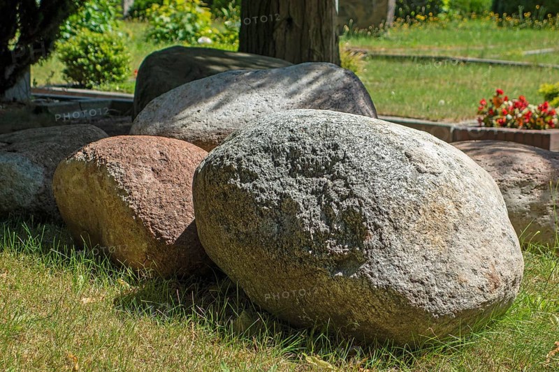 Massive erratic blocks, boulders, granite stones, Lutheran cemetery, Heisfelder StraÃŸe, Leer, East Frisia, Germany